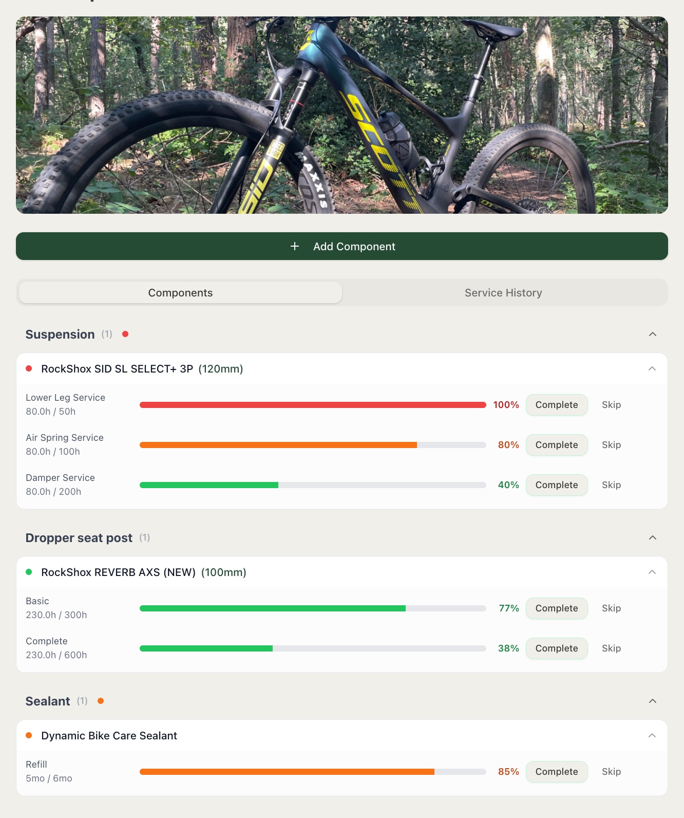 Bike Maintenance Dashboard app component service intervals